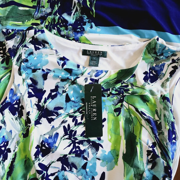 Lauren Ralph Lauren Blue Green White Summer Floral Sleeveless Ruched Dress Sz 10 - Picture 5 of 9